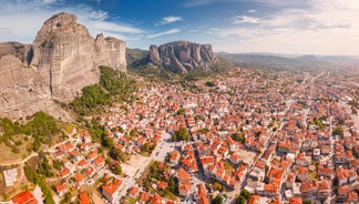 Panoramic view of Skopje town with Vodno hill in the background.