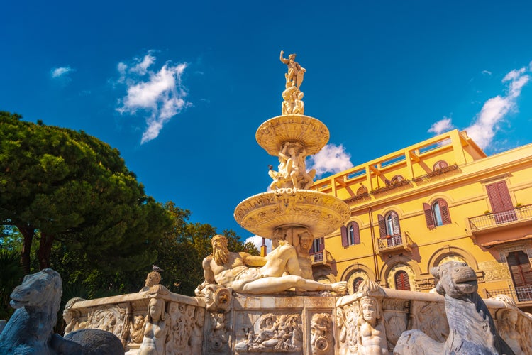 Photo of Grand 16th-century fountain with statues of mythological figures built to celebrate running water, Messina, Sicily, Italy.