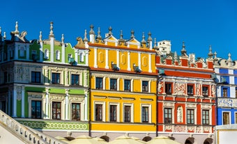 Photo of aerial view of Zamosc old town and city main square with town hall, Zamosc is a city in southeastern Poland.