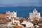 Tejo river with the houses of Baixa and high points of Lisboa Story Center and Rua Augusta Arch as seen from the observation platform of Santa Justa Lift. Lisbon. Portugal