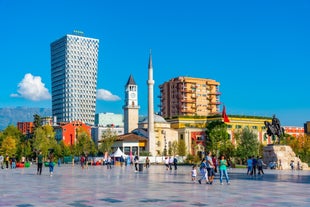 Panoramic view of Skopje town with Vodno hill in the background.