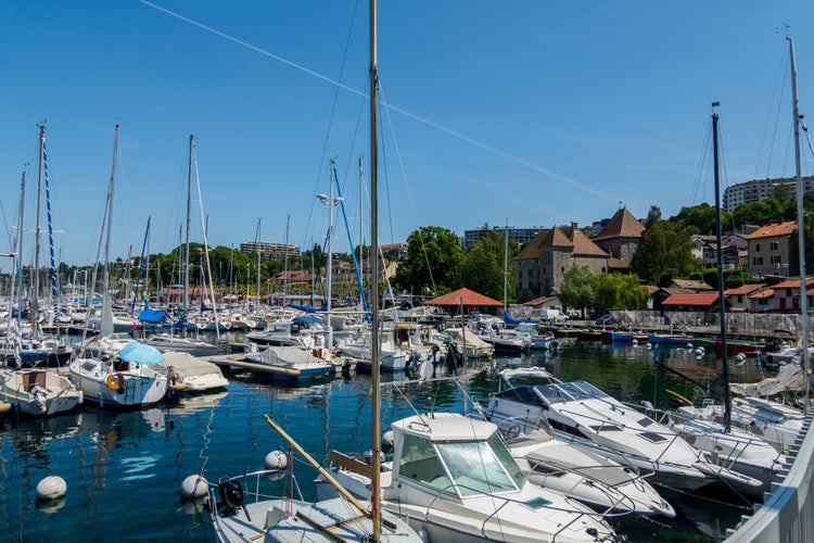 photo of view off The beautiful French town of Thonon on the shores of Lake Geneva, Thonon Les Bains, France.