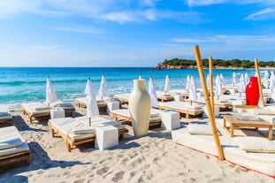 Photo of amazing landscape with wooden pier on Santa Giulia beach, Porto-Vecchio ,France.