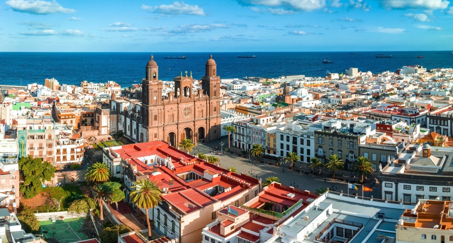 Photo of aerial view of landscape with Cathedral Santa Ana Vegueta in Las Palmas, Gran Canaria, Canary Islands, Spain.