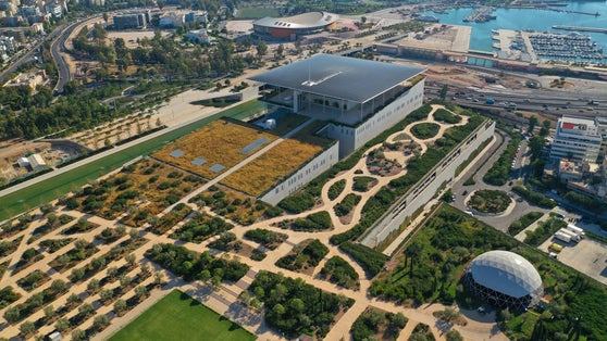 Photo of aerial view of famous Cultural Centre and Foundation of Stavros Niarhos in Faliro or Phaliro area, Athens riviera, Attica, Greece