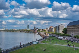 Photo of aerial view of the city ,Rheinturm and Media Harbour district in Dusseldorf city in Germany.