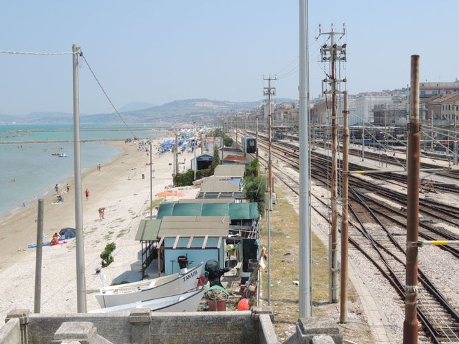 Falconara Marittima – panorama of the coast with the sandy beach, the railway and the town