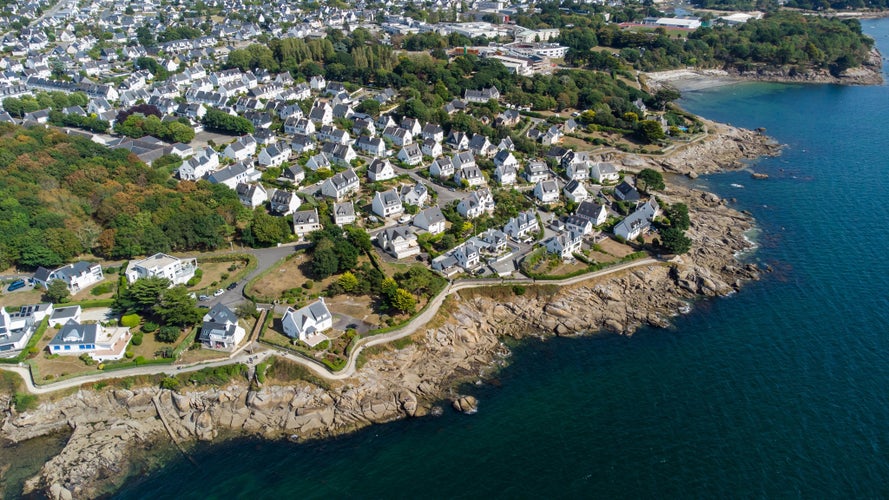 Aerial view of Concarneau, a medieval walled city in Brittany, France - Residential area on the outskirts of the town in the south of Finistère