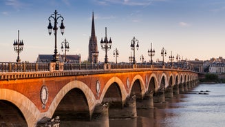 Photo of Bordeaux aerial panoramic view. Bordeaux is a port city on the Garonne river in Southwestern France.