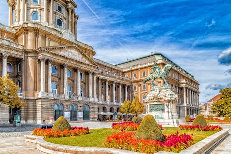Photo of Buda Castle and equestrian statue of Prince Eugene of Savoy in Budapest, Hungary.