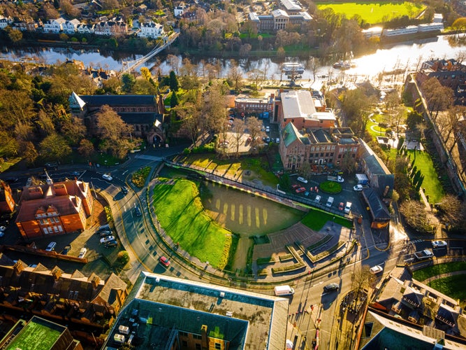 Aerial view of Chester, a city in northwest England, known for its extensive Roman walls made of local red sandstone, UK