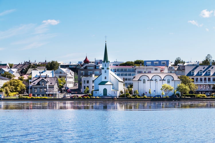 Photo of Reykjavik, Iceland city scape, lake quay in city center.