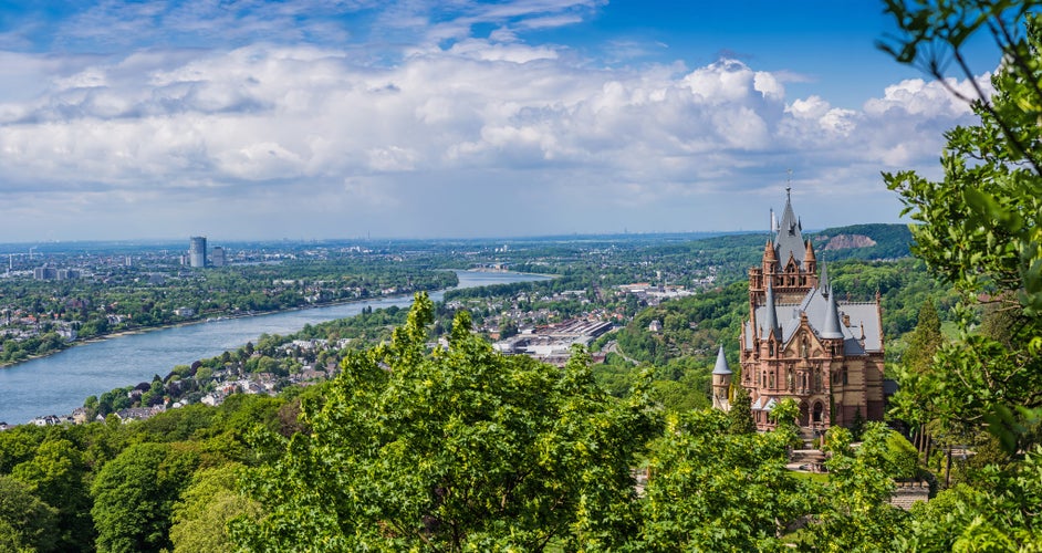 photo of  view of beautiful landscape with an old castle in the Siebengebirge near Bonn in spring