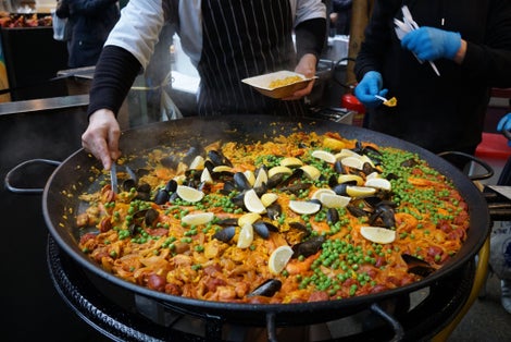 Photo of Paella street food stall at Borough Market, London, UK.