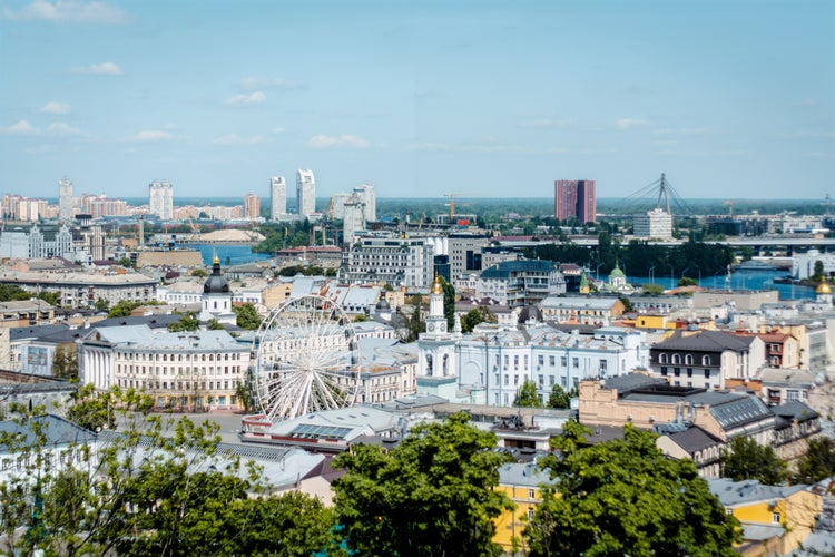 Photo of panoramic aerial view of the city of Kyiv, Ukraine.