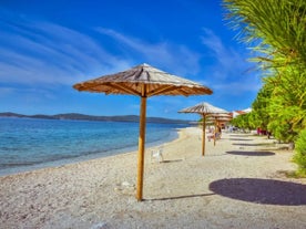 Photo of adriatic village of Bibinje harbor and waterfront panoramic view, Croatia.