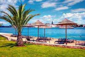 Photo of aerial view to the town of Porec in Istria, Croatia on Adriatic coast.