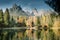 Pale di San Martino, Val Canali Dolomites. Mountain alpine landscape which turns to autumn with water reflection on Welsperg lake