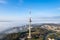 photo of aerial beautiful spring morning fog view of vilnius tv tower Lithuania.