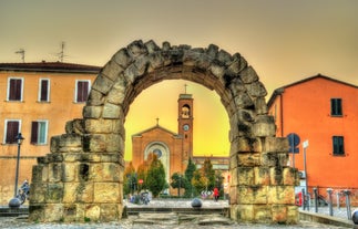 Photo of amazing landscape with beautiful sea beach on sunset in Viserbella, Italy.