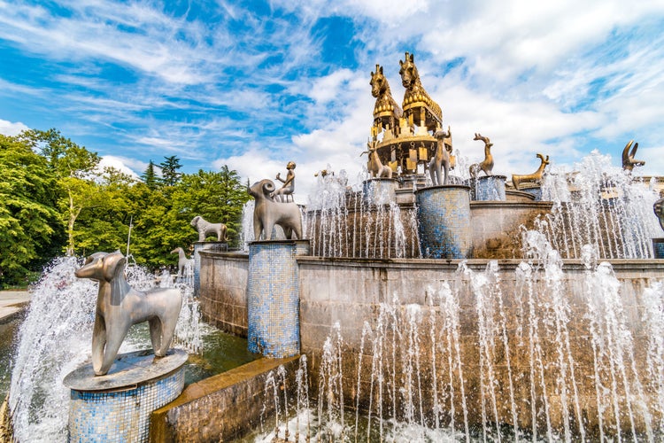 Photo of Kutaisi square fountain with horse sculpture, Kutaisi, Georgia.