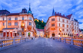 Capital of Slovenia, panoramic view with old town and castle.