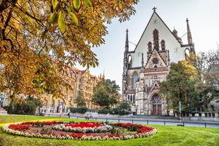 Aerial view on Marienplatz town hall and Frauenkirche in Munich, Germany.