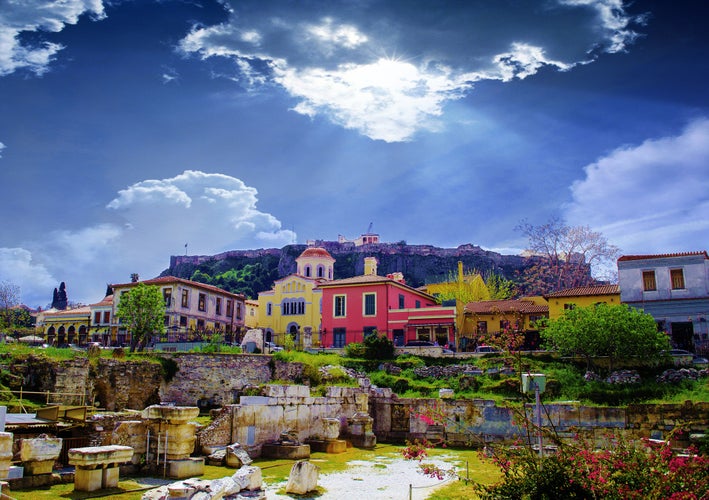 Photo of remains of the Hadrian's Library in Monastiraki square in Athens ,Greece.