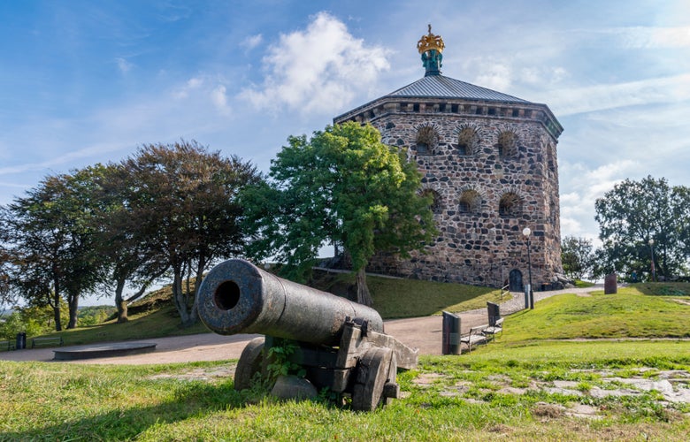 Stone Fortification building Skansen Krona exterior Wall and Golden Crown, Gothenburg, Sweden.