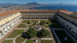 Naples, Italy. View of the Gulf of Naples from the Posillipo hill with Mount Vesuvius far in the background and some pine trees in foreground.