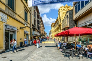 Aerial panoramic cityscape of Rome, Italy, Europe. Roma is the capital of Italy. Cityscape of Rome in summer. Rome roofs view with ancient architecture in Italy. 