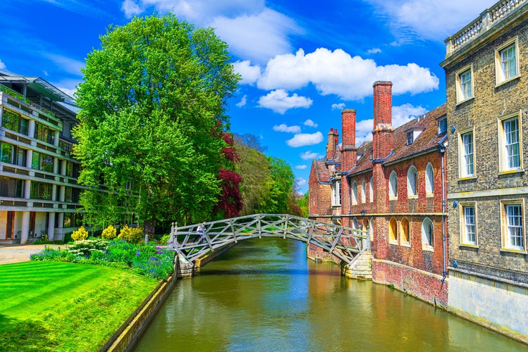 Photo of Cambridge, Cambridgeshire, England, UK:Famous Mathematical Bridge in a beautiful, suny day. It was bulit over the Cam river and belongs to Queen's College.