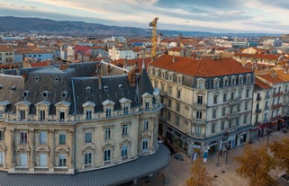 Photo of Nimes Arena aerial panoramic view. Nimes is a city in the Occitanie region of southern France.