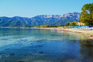 Photo of panoramic aerial view of Skala popular touristic destination in Lesvos island, Aegean sea, Greece.