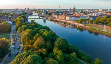 Photo of beautiful aerial view of Frankfurt at sunset Germany financial district skyline.