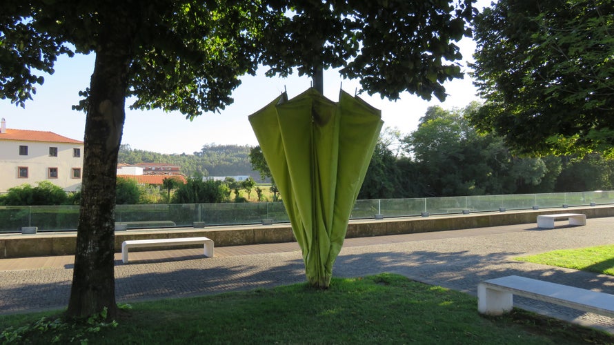 Photo of colorful umbrellas from Águeda, Portugal, a historic and festive landmark in the region.