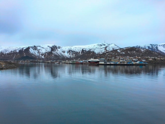 photo of view of The city of Stokmarknes in Vesteralen district, Northern Norway.