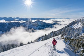 photo of aerial view over village of Oberstaufen and Steibis ,winter mountain landscape in the Allgau Alps, Bavaria, Germany.