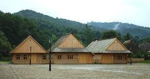 The Galician market square, ethnographic museum in Sanok, Poland. Reconstruction includes a small market square with several houses.