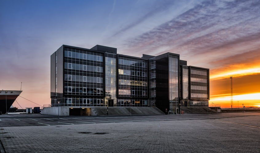 PHOTO OF VIEW OF Modern homes in the Dokken part of the harbor at Esbjerg, Denmark.