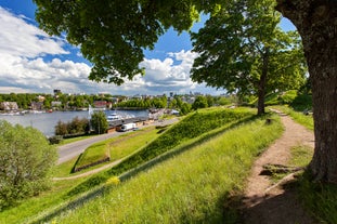 Photo of aerial view of beautiful landscape of lakes and forest in Imatra, Finland.