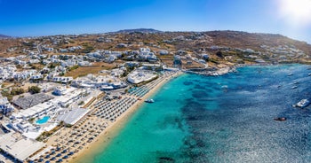 Photo of panoramic view of Town of Ano Mera, island of Mykonos, Cyclades, Greece.