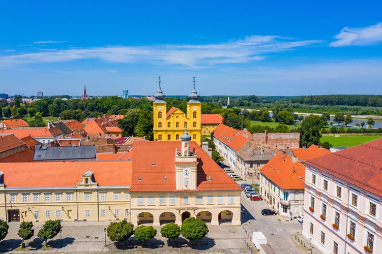 Aerial view of old town of Osijek, Holy trinity square in Tvrdja, Croatia