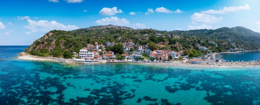 Photo of Heraion in Perachora with small beach, Loutraki, Greece.