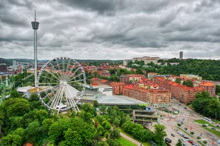 Photo of main place of Vimmerby with well and tourist office, Sweden.