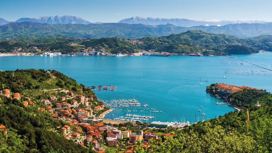 Lerici town and Portovenere or Porto Venere in the background with the Palmaria, Tino and Tinetto Island. In the Gulf of La Spezia, Liguria, Italy, Europe