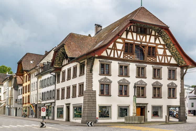 Photo of street with historical houses in Aarau old town, Switzerland.