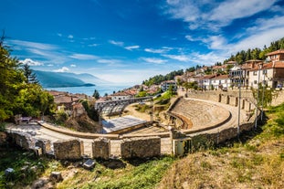 Panoramic view of Skopje town with Vodno hill in the background.