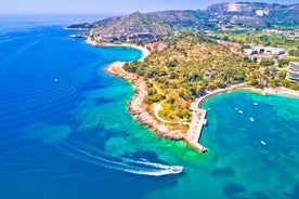 Photo of panoramic aerial view of the old town of Dubrovnik, Croatia seen from Bosanka viewpoint on the shores of the Adriatic Sea in the Mediterranean Sea.