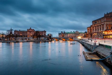 Illuminated Stockholm Royal Opera and Riksdag in the Evening, Sweden